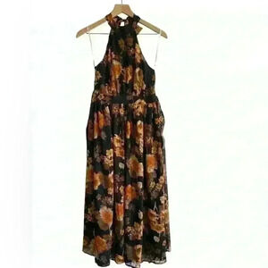 Lulu's Black Floral Midi Dress with Gold & Rust Blooms
